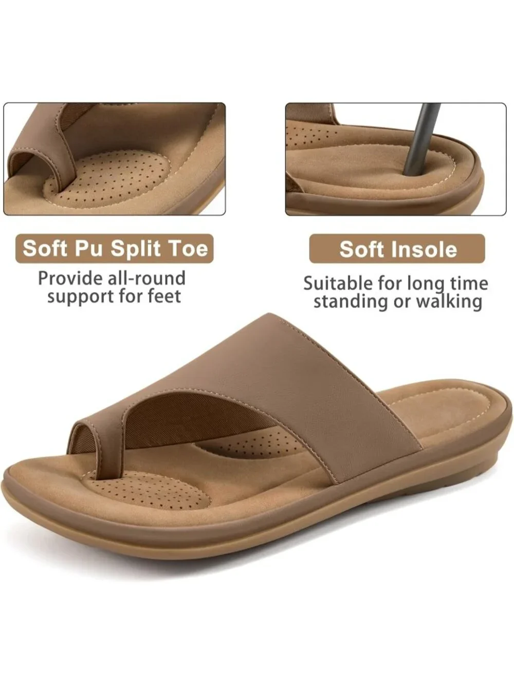 Women's Brown Flat Sandals Comfortable Walking Dressy Slides Casual Shoes